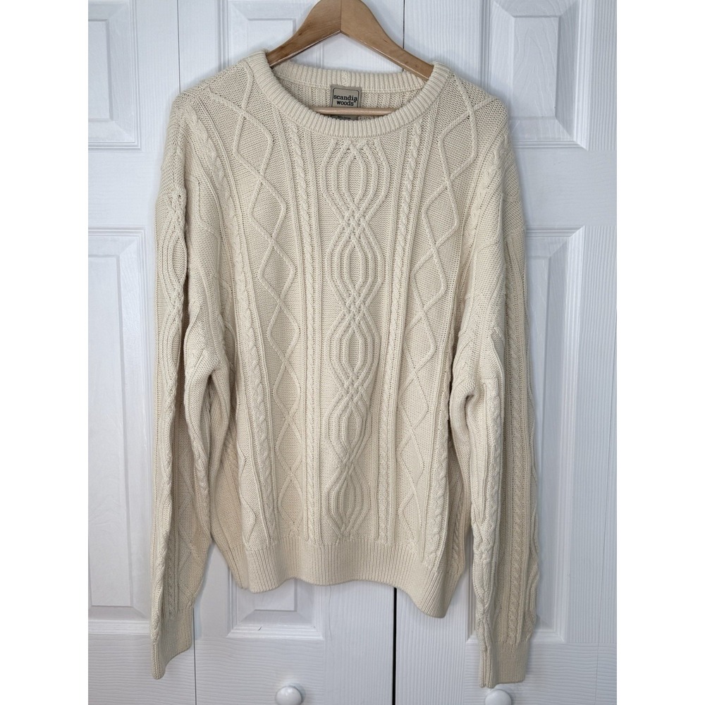 SCANDIA WOODS Men's Cream Cable Knit Cotton Crew Sweater Pullover - XLARGE